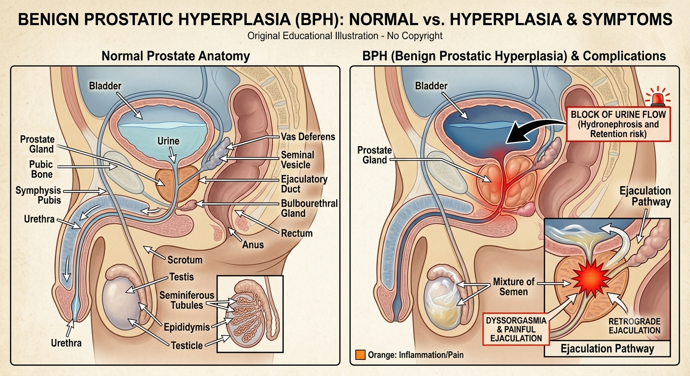 Benign Prostatic Hyperplasia showing normal prostate anatomy and enlarged prostate obstructing ejaculation and urination