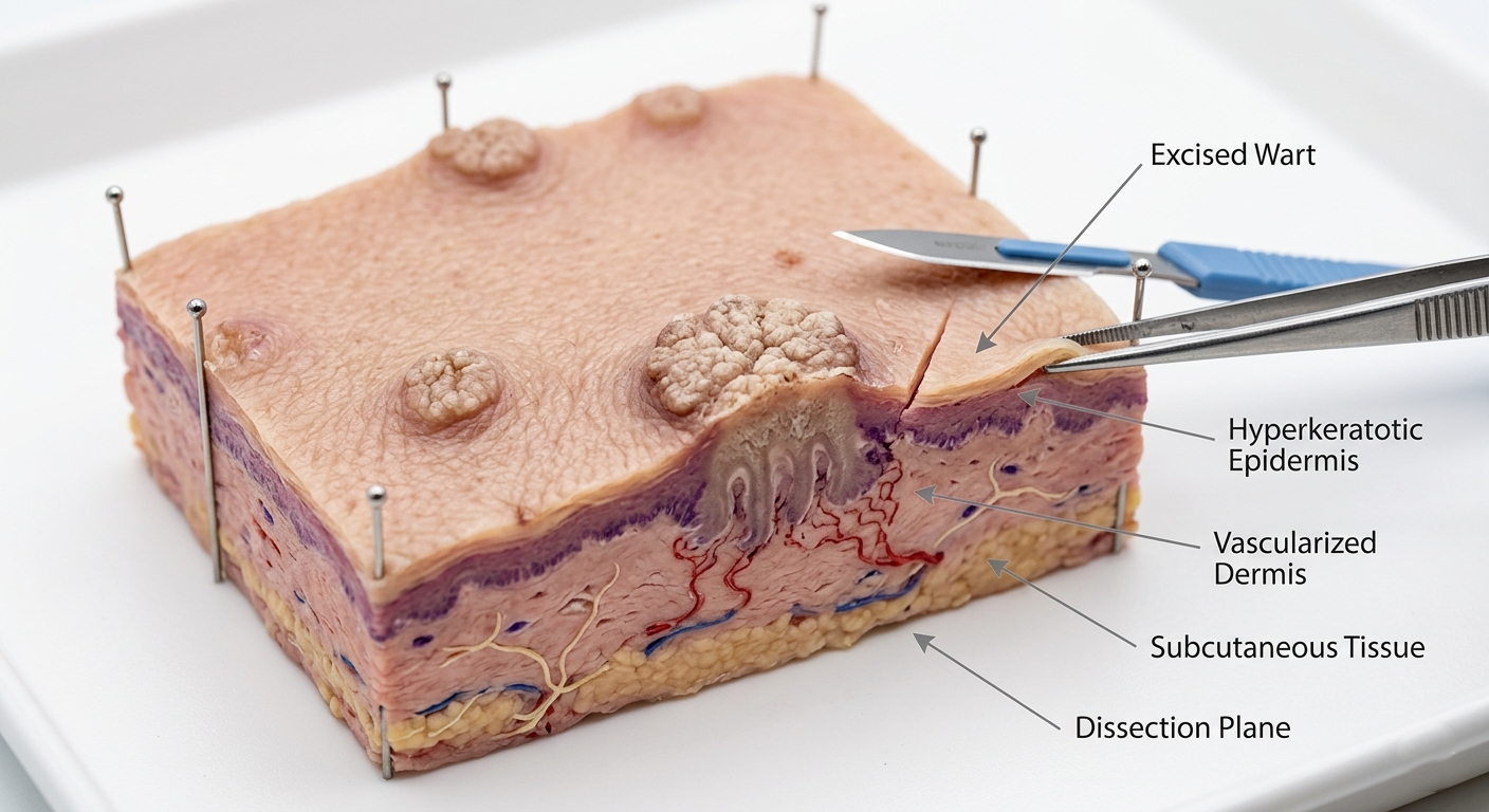 Skin with HPV warts dissected